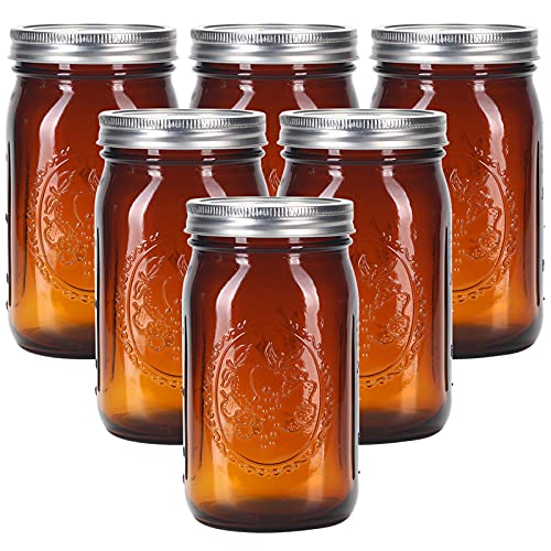 eleganttime Amber Glass Mason Jars 32 oz Wide Mouth with Airtight Lids and Bands 6 Pack Large Glass Canning Mason Jars with Lids Quart Wide Mason Jars,Great for Canning Jar Pickle Fermenting Jam Jar