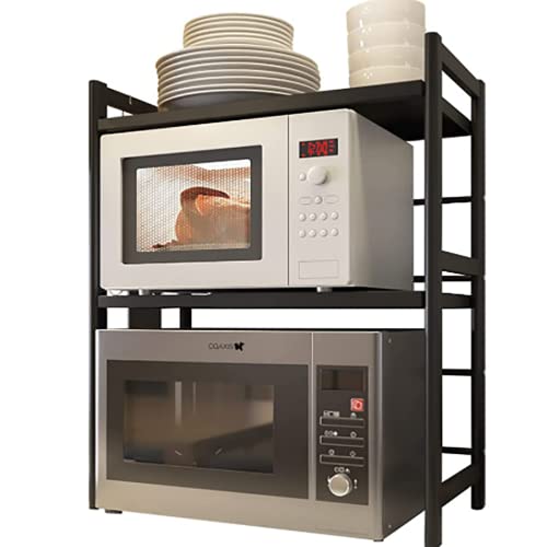 HAOYIXMS Microwave Stand Expandable Microwave Oven Rack 15.7''-24.4'' bakers rack 3 Tier Kitchen Countertop Storage Black Metal Microwave Shelf Microwave cart