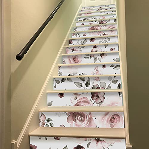 funlife 15 PCS Peel and Stick Flower Stair Stickers, Self Adhesive Vinyl Stair Risers Decals, Staircase Murals Decor, 39.37"x7.09" Watercolor Rose 3