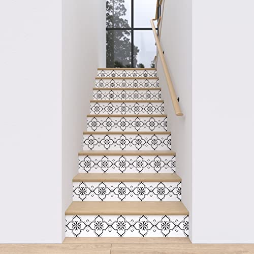 SEEKOI 15 Strips Stair Riser Peel and Stick Vinyl Decal, Ethnic Motif Stair Stickers Decals for Wooden Steps Decor, 39.37"x7.09" (Moroccan Motif)