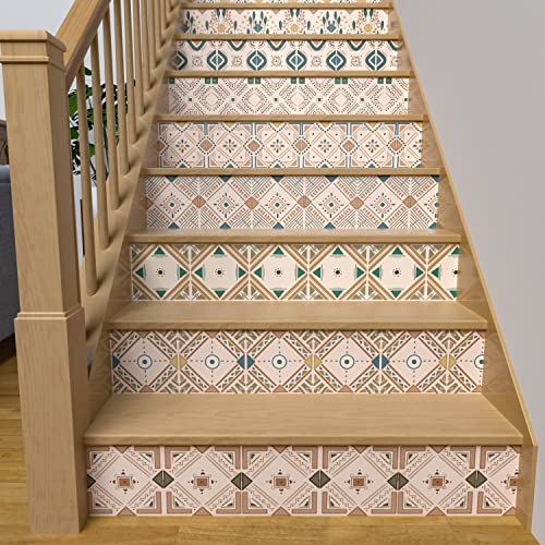 SEEKOI 15 PCS Stair Stickers Decals, Ethnic Tile Style Stair Riser Peel and Stick Vinyl Stickers, 39.7"x7.09" (Aztec Pattern)