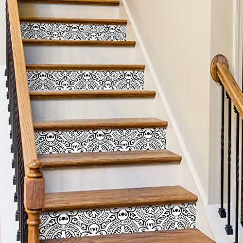 funlife 13Pcs Retro Stair Riser Peel and Stick Vinyl Decals, Self-Adhesive Waterproof Staircase Stickers, 39.37"x7.09" Black Italian Pattern