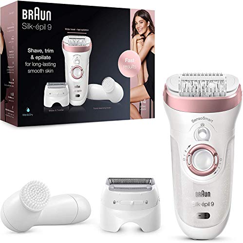 Braun Silk-pil 9-880 Epilator for Long-Lasting Hair Removal Includes a Facial Cleansing Brush High Frequency Massage Cap Shaver and Trimmer Head Cordless Wet and Dry Epilation for Women