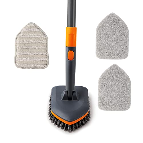 CLEANHOME Tile Tub Scrubber Brush with 3 Different Function Cleaning Heads and 56" Extendable Long Handle-No Scratch Shower Scrubber for Cleaning Bathroom Kitchen Toilet Wall,Bathtub,Sink,Grey