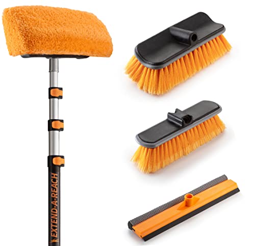30 Foot Exterior House Cleaning Brush Set with 7-24 ft Extension Pole // Vinyl Siding Brushes with Telescopic Extendable Pole & Window Cleaning Squeegee Tool // The Ultimate Extension Scrub Brush Set