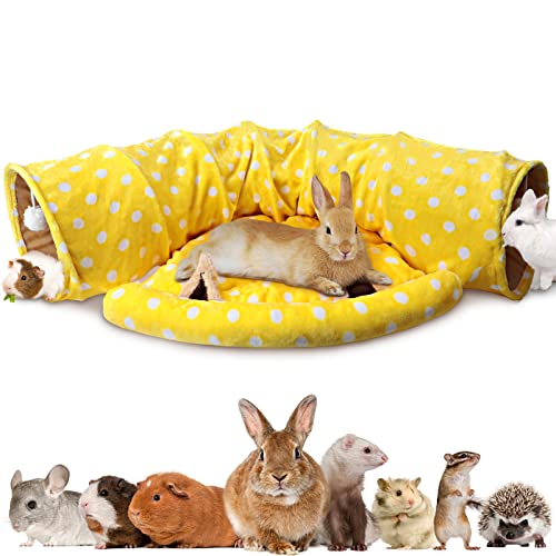 BWOGUE Bunny Tunnel Bed, 2-in-1 Collapsible Rabbit Tunnel Tubes Toys with Removable Mat Bunny Hideout for Cats Kittens Rabbits Bunny Guinea Pigs Kitty