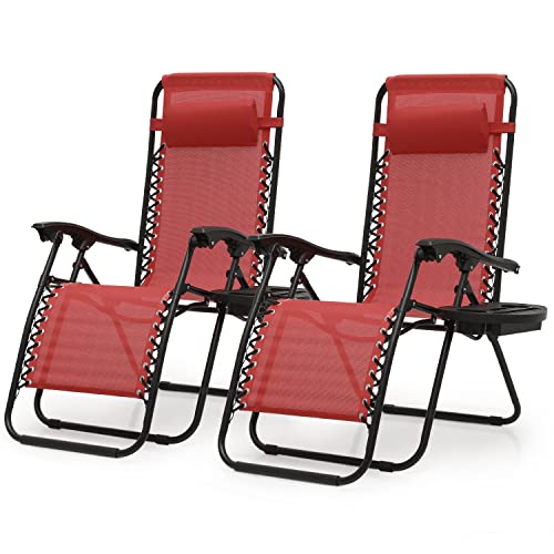 MoNiBloom Folding Beach Lounge Chair 2-Pack, Chaise Lounge with Pillow & Cup Holder, Portable Outside Patio Recliner for Poolside Beach Vacation, Maroon