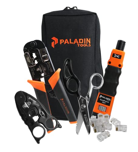 Paladin Tools Professional Network Tool Kit | Complete Data and Voice Installation Set with SureStrip Cutter/Stripper, Scissors, SurePunchPro Punchdown Tool, Plugs | RJ45, RJ11, RJ12, RJ22 (2023 Model)