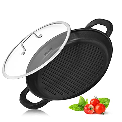 Vinchef Nonstick Grill Pan for Stove tops | 13.0" Skillet, Indoor Induction Cast-aluminum Grill Pan with Lid and Anti-Scalding Tools, GRANITEC Nonstick Coating, Dishwasher & Oven Safe