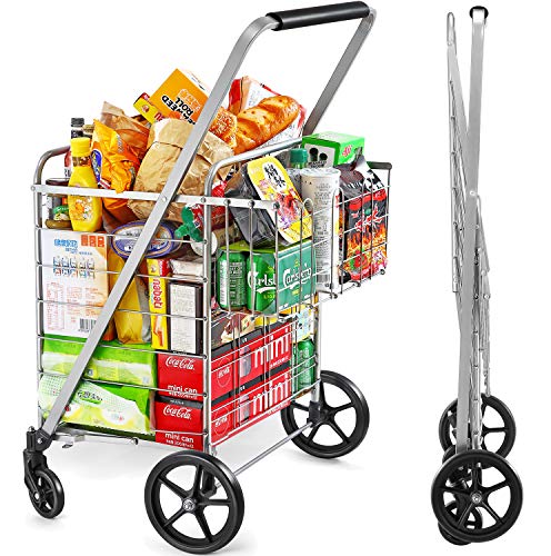 Wellmax Shopping Cart with Wheels, Metal Grocery Cart with Wheels, Shopping Carts For Groceries, Folding Cart For Convenient Storage And Holds Up To 160lbs, Dual Swivel Wheels and Extra Basket, Silver