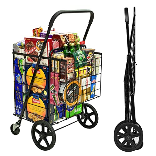 siffler Shopping Cart with 360 Rolling Swivel Wheels for Groceries Jumbo Utility Shopping Cart with Double Basket Folding Portable Cart Saves Space for Laundry Grocery Luggage