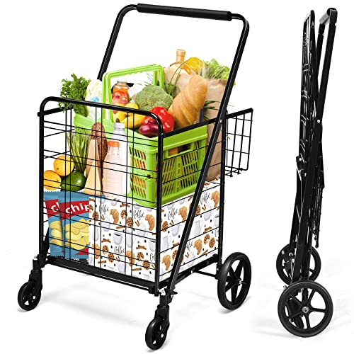 COSTWAY Folding Shopping Cart, Extra Jumbo Double Basket Grocery Cart with 360 Swivel Rolling Bearing Wheels, Dense Metal Mesh Base, Large Capacity Utility Cart for Market, Grocery, Laundry (Black)