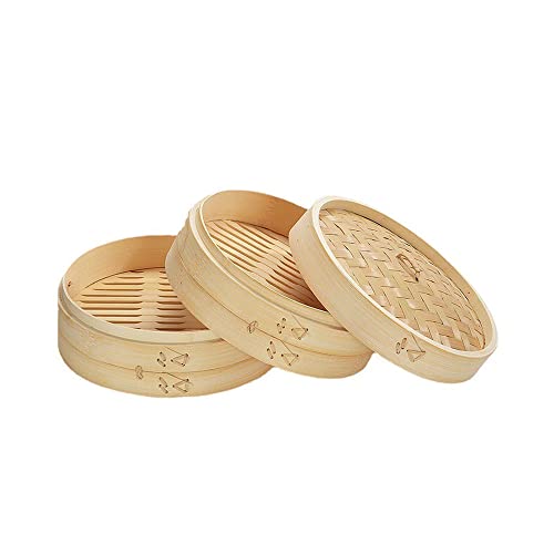 Handmade Bamboo Steamer Basket with Lid Multi-use Traditional Dumpling Steamer Food Steamer for Cooking Vegetables, Dim sum, Bao Buns, Fish Meat (6inch - 2 tier)