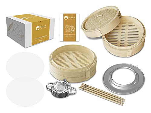 BELLA COOKS Bamboo Steamer for Cooking - Steamer Basket with a Ring - Fits every Pan & Pot - Dumpling Steamer - Incl. Extra Chopsticks & Silicone Liners