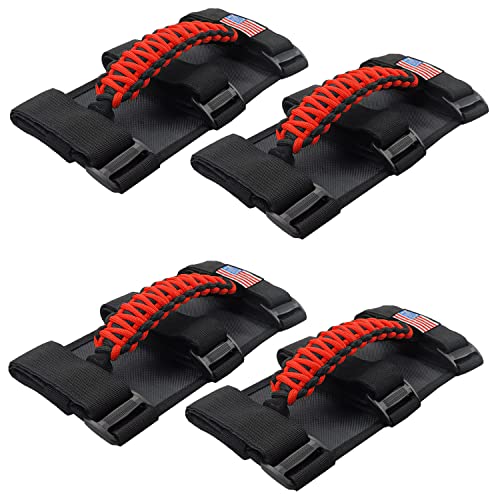 KOHUIPU Premium Paracord Roll Bar Grab Handles for Jeep Wrangler YJ TJ JK JKU JL JLU Sports Sahara Freedom Rubicon Unlimited X Gladiator JT 1955-2023 UTV ATV (4Pack, Red)