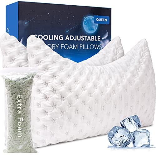 Cooling Side Sleeper Pillow for Neck and Shoulder Pain, Luxury Shredded Memory FoamBed Pillows for Sleeping Set of 2- Adjustable Queen Size Curved Pillow Neck Pillow- Bamboo Washable Pillow Cover