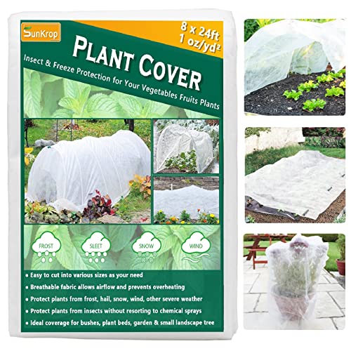 SunKrop Plant Covers Freeze Protection, 1oz/yd 8x24ft Non-Woven Floating Row Cover Vegetable Shade Cloth for Greenhouse, Garden Winter Blanket for Frost Cold Weather Sun Insect Protection Tarp Wraps