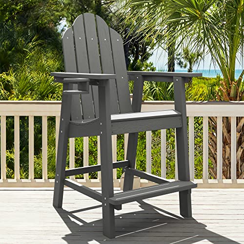 LUE BONA Tall Adirondack Chair, Recycled Poly Adirondack Chair Bar Stool with Cup Holder, 25.6", 300Lbs,Eco-Friendly Balcony Chair, Weather Resistant Patio Stool for Balcony,Deck, Dark Gray