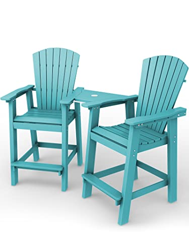 KINGYES Balcony Chair Tall Adirondack Chair Set of 2 Outdoor Adirondack Barstools with Connecting Tray - Patio Stools Weather Resistant for Deck Balcony Pool Backyard, Tiffany