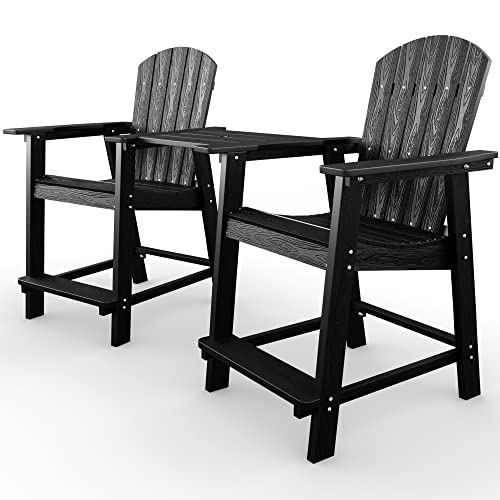 YEFU Balcony Chair, Tall Adirondack Chair Set of 2 with Connecting Tray, Poly Lumber Adirondack Chair Bar Stools, Patio Stools, 380lbs, Weather Resistant for Outdoor Deck Lawn Pool Backyard-Black