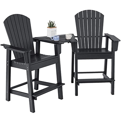 Giantex Tall Adirondack Chair Set of 2 - HDPE Weather Resistant Adirondack Barstools w/Middle Connecting Tray & Umbrella Hole, Bar Height Balcony Loveseat, Ideal for Patio, Backyard, Poolside (Black)