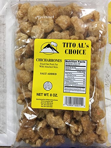 Tito Al's Choice Chicharrones (Fried out Pork Fat w/Attached Skin) 8 Oz / Pack of 2 (Salt Added)