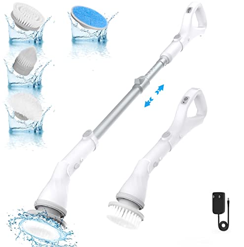 Electric Spin Scrubber, Syvio Cordless Cleaning Brush 2X Stronger Power Motor with 4 Replaceable Brush Heads, Ergonomic D-Handle, Extendable Arm, Power Scrubber for Bathroom, Floor, Pool, Tile, Car