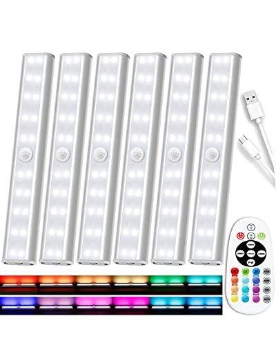 SZOKLED Under Cabinet Lighting Rechargeable 48-LED Wireless Under Cabinet Lights Remote, Kitchen Counter Lights Closet Lights RGB Perfect for Indoor Pantry Display Shelf 15 Color Changing(6 Packs)