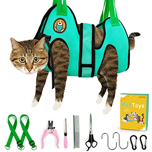 AWOOF Cat Grooming Hammock Harness for Cats & Dogs, Restraint Dog Grooming Hammock with Nail Clippers/Trimmer, Nail File, Comb, Grooming Scissors for Nail Trimming Ear Cleaning Medicine Taking