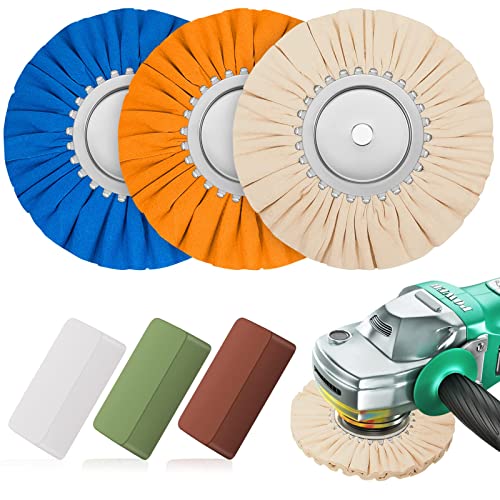 Tallew 6 Pcs 8 Airway Buffing Wheel Kit in Diameter 5/8 in Arbor Hole, Aluminum Metal Polishing Wheel and Polishing Compound for Angle Grinder Mirror Finish
