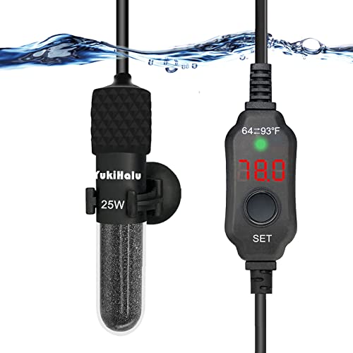 YukiHalu Small Submersible Aquarium Heater, Adjustable Mini Fish Tank Heater 25W 50W 100W 200W 300W with External Temperature Controller, LED Display, Used for 5/10/20/40/60 Gallons (25 Watts)