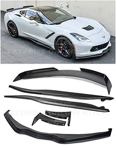 for 2014-2019 Corvette C7 Z06 Style ABS Plastic Primer Black Front Bumper Lip Splitter with Stage 3 Painted Carbon Flash Extension Winglets & Side Skirt Panels with Rear Spoiler Assembly Combo KIT