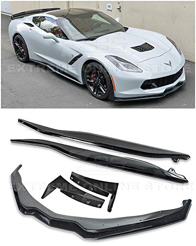 Replacement for 2014-2019 Chevrolet Corvette C7 | Z06 Stage 3 ABS Plastic Painted Carbon Flash Metallic Front Bumper Lip Splitter with Side Extension Winglets & Side Skirts Panel Pair