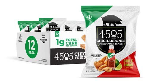 4505 Meats, Tajin Seasoned Chicharrones, Chile Limon Mild, Fried Pork Rinds, 1.1 Ounce Bags (Pack of 12) Family Size