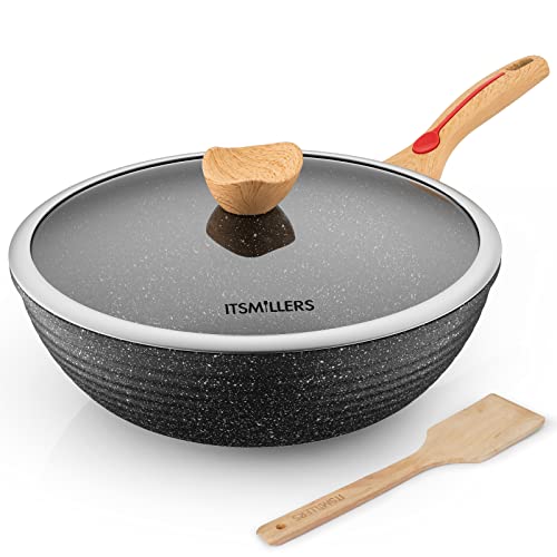 ITSMILLERS Chinese Wok Die-Casting NonstickWok Scratch Resistant withLidandSpatula, PFOA-Free,Dishwasher Safe & Induction Bottom 12.5 Inch,6L