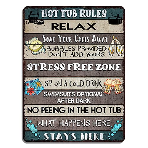 V VIBEPY All Over Printed Hot Tub Rules Metal Sign 12x16 Inches, Hot Tub Sign, Funny Rules Sign, Bathroom Metal Sign, Decorations Sign, Backyard Metal Sign, Outdoor Metal Sign, Hot Tub Rules Sign (Hot Tub Rules)