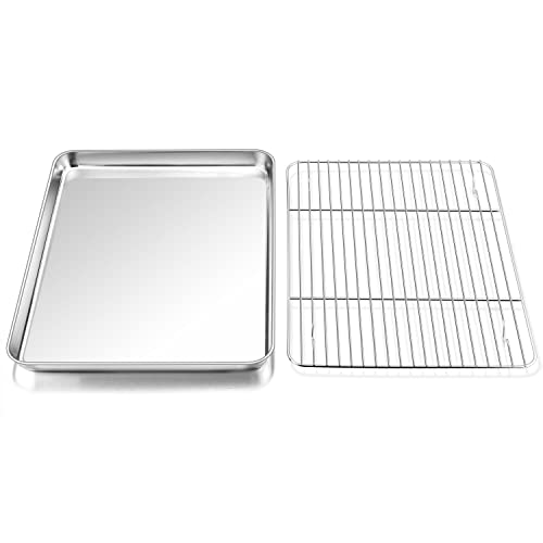 Toaster Oven Pan and Rack Set,P&P CHEF Toaster Oven Tray with Broiler Rack, Rectangle 12.5x9.7x1, Non Toxic & Healthy, Heavy Duty & Rust free - Dishwasher Safe