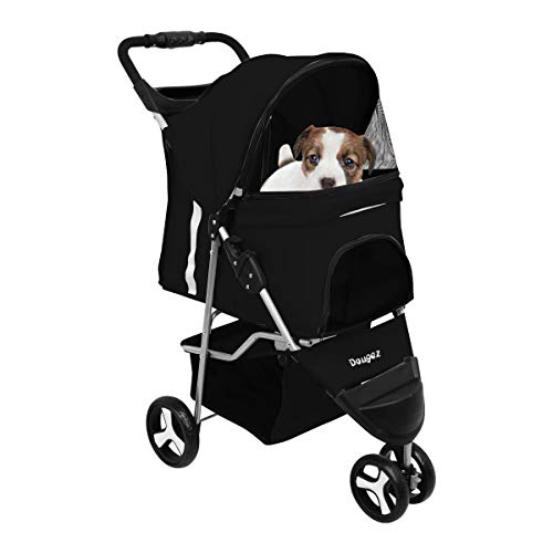 Magshion 3 Wheel Foldable Waterproof Premium Quality Pet Cat Dog Stroller Travel Carrier Light Weight with Storage Basket Cup Holder Zipper Lock, 30lbs Capacity, Black
