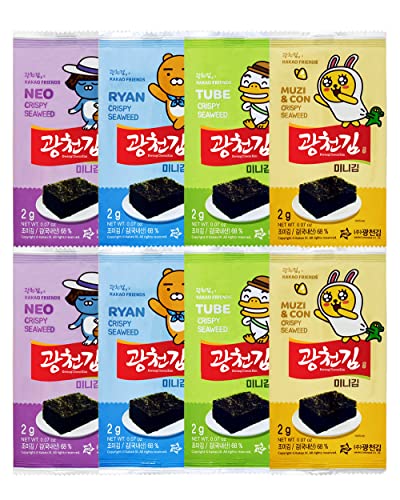 Kwangcheonkim Kakao Friends Mini-kim 2g x 8packs Total 16g Crispy Seasoned Seaweed Nori Sheets Roasted Savory Tasty Premium Laver KETO VEGAN DIET Gluten Free Perfect On-the-go Healthy Snack 1.0 Count