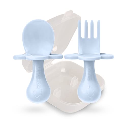 grabease Baby and Toddler Self-Feeding Utensils, Prevent Choking, Baby-Led Weaning, Non-Toxic Plastic, BPA, Phthalates, 1 Set, Ice Blue