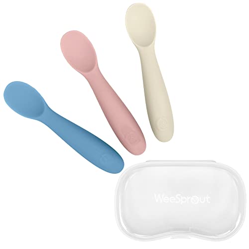 WeeSprout Baby Spoons, Shorter Length for Self Feeding, Soft Food Grade Silicone Baby Utensils for 6+ Months, Chew-Proof Durable Design, Easy Grip Handles, Dishwasher Safe, Carrying Case, 3 Pack