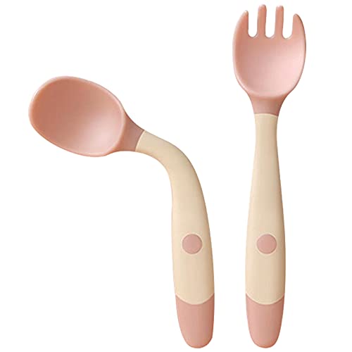 Toddler Utensils with travel case, Baby spoon and fork set for self-feeding Learning Bendable handle silverware for kid children (pink)