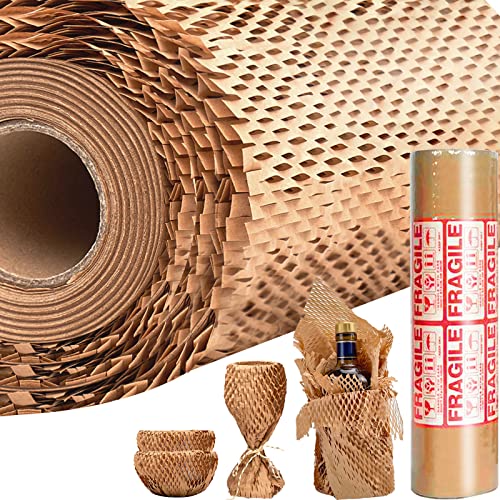 TDZWIN Honeycomb Packing Paper, 15"x 213' Eco Friendly Packing Paper for moving, Recyclable Honeycomb Packing Paper Wrapping Protective Roll With 12 Fragile Sticker Labels & 100Ft Jute Twine Brown