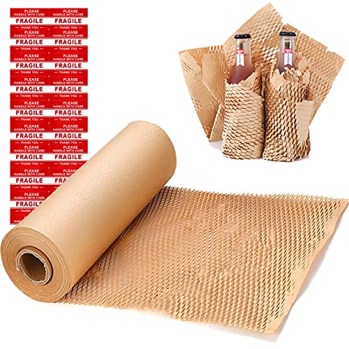 onesimcr Honeycomb Packing Paper Wrap 15"x131' Sustainable Alternative to Bubble Wrap for Moving/shipping/packing Roll with 20 Fragile Sticker Biodegradable & Fully Recylable