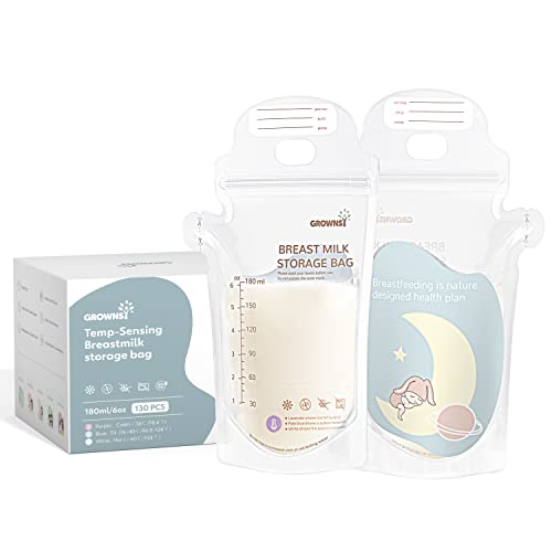 GROWNSY Breastmilk Storage Bags, Temp-Sensing Zero-Pollution Milk Storing Bag for Breastfeeding, Presterilized, Hygienically Doubled-Sealed, No-Leak for Refrigeration and Freezing, 130PCS