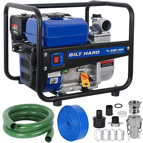 BILT HARD Semi Trash Pump 2 inch, 158 GPM 7HP Gas Powered Water Pump, 50 ft Discharge Hose, with Complete Fittings