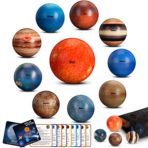 Solar System Planet Balls for Kids Set of 10, Planet Bouncy Balls for Kids Early Learning, Hand Squeeze Sensory Ball Toy, Anti Stress Ball Stress Relief Fidget Toy for Kids, Children Space Themed Gift