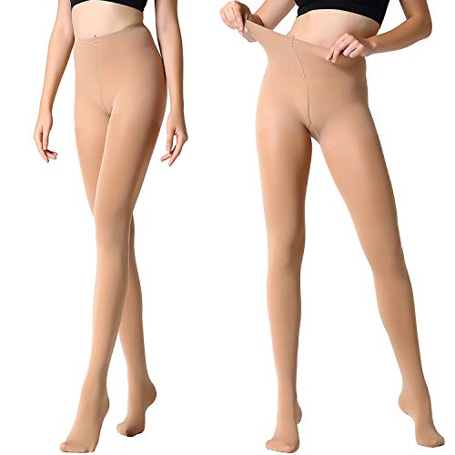 MANZI 2 Pairs Run Resistant Control Top Panty Hose Opaque Tights(Small, Suntan)