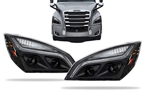 KOZAK Freightliner Cascadia 2018+ Black LED Projection Headlight Pair Set (Left Driver and Right Passenger Side) PLUS Freightliner Logo Emblem, 2x 22 Windshield Wipers, License Plate Frame and Vest