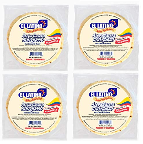 El Latino arepas colombianas con queso. 4 packs of 4 units each. Total 16 arepas